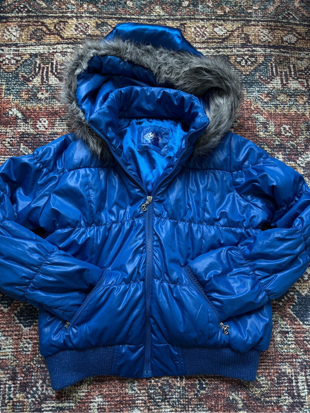 Justice Shiny Royal Blue Puffer Jacket with Faux Fur Hood